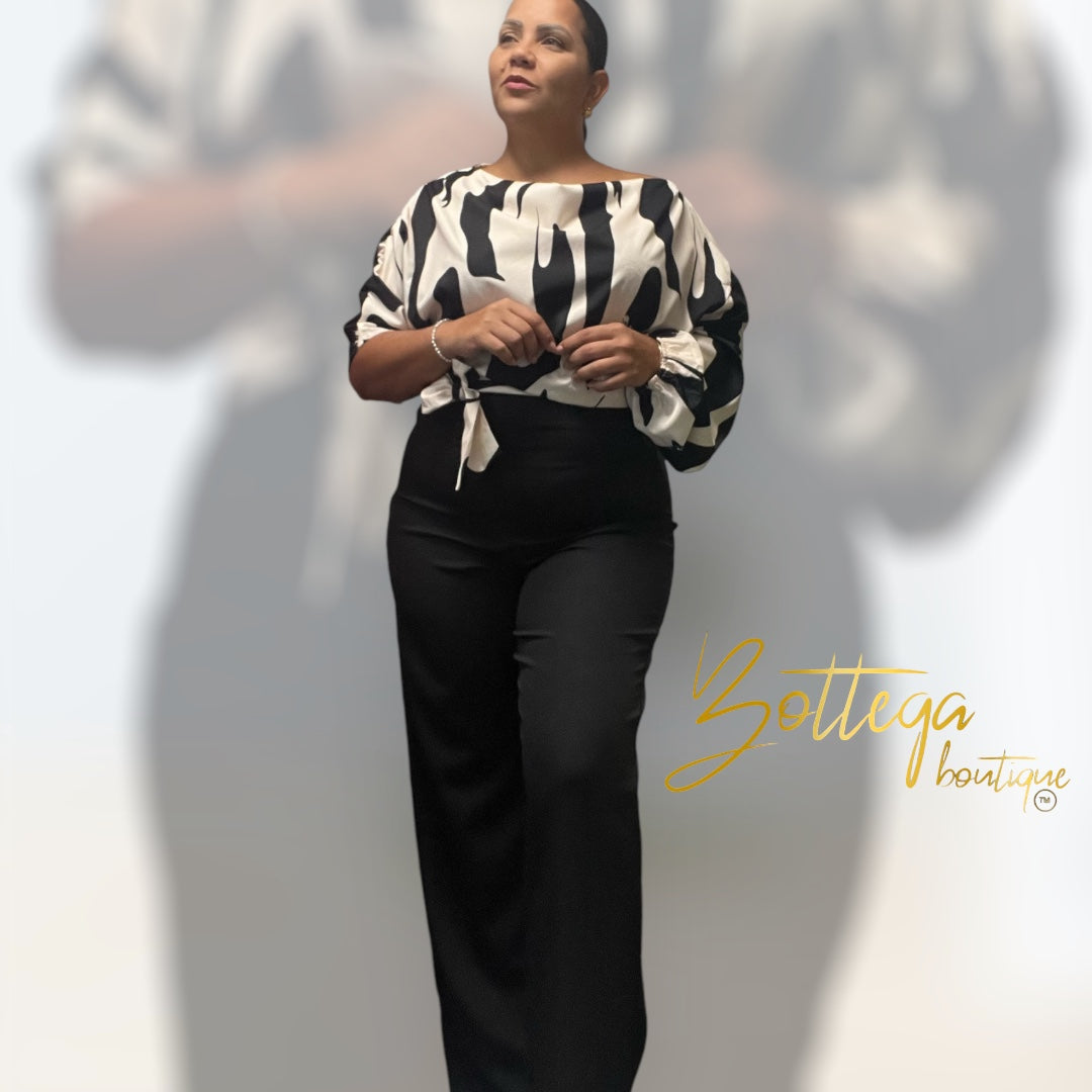 Elegant Printed Set, Off-Shoulder Top, Front Bow